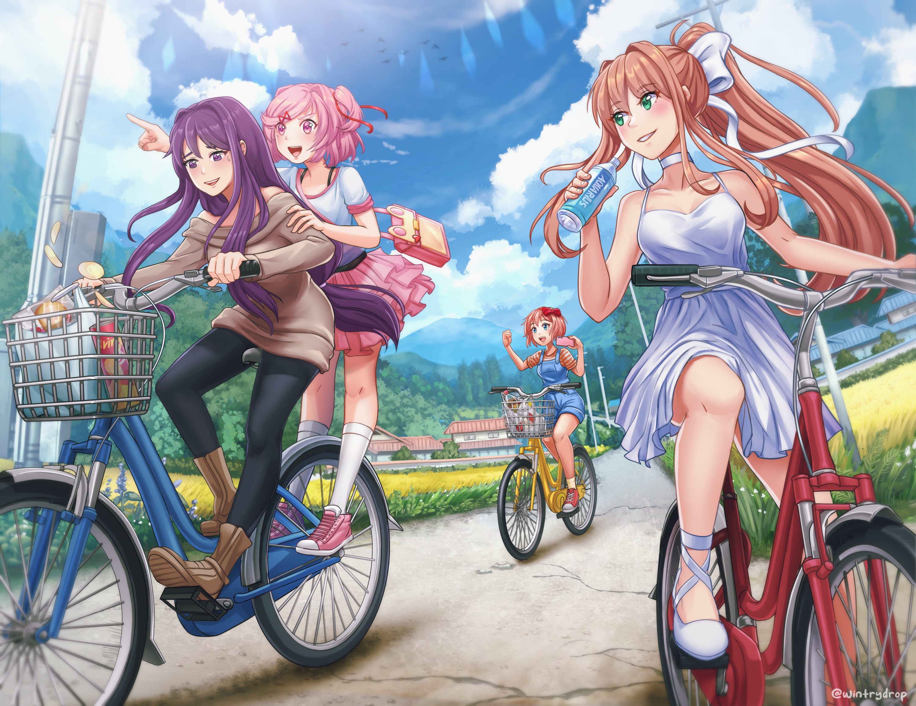 monika (doki doki literature club), natsuki (doki doki literature club), sayori (doki doki literature club), yuri (doki doki literature club), doki doki literature club, commentary, english commentary, highres, 4girls, aqua eyes, bag, bare shoulders, bicycle basket, bird, black pants, blue overalls, blue sky, blush, boots, bottle, bow, brown boots, brown hair, casual, cellphone, chips (food), choker, clenched hand, cloud, day, denim, denim overalls, dress, flock, food, frilled skirt, frills, grass, green eyes, grey sweater, hair bow, hair intakes, hair ornament, hair ribbon, hairclip, hand on another's arm, handbag, heart, holding, holding bottle, holding hpone, house, kneehgish, long hair, long sleeves, multiple girls, off-shoulder sweater, off shoulder, official alternate costume, open mouth, outdoors, overall shorts, overalls, pants, phone, pink bag, pink eyes, pink shoes, pink skirt, pointing, ponytail, purple eyes, purple hair, red bow, red ribbon, red shoes, ribbon, riding bike, road, shirt, shoes, shopping bag, short hair, short sleeves, sidelocks, skirt, sky, smartphone, smile, socks, striped clothes, striped shirt, summer, sweatdrop, sweater, teeth, tree, two side up, upper teeth only, water bottle, white choker, white dress, white ribbon, white shirt, white shoes, white socks, wintrydrop
