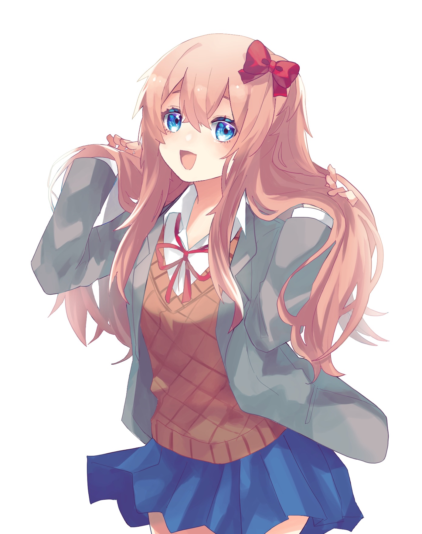 sayori (doki doki literature club), doki doki literature club, commentary request, highres, mixed-language commentary, 1girl, alternate hair length, alternate hairstyle, blue eyes, blue sky, blush, bow, collared shirt, cowboy shot, doki doki literature club school uniform, eyelashes, grey jacket, hair between eyes, hair bow, hands in own hair, jacket, long hair, long sleeves, muno beam, neck ribbon, open clothes, open jacket, open mouth, orange sweater vest, orange vest, pink hair, red bow, red ribbon, ribbon, school uniform, shirt, simple background, sky, smile, solo, sweater vest, vest, white background, white shirt