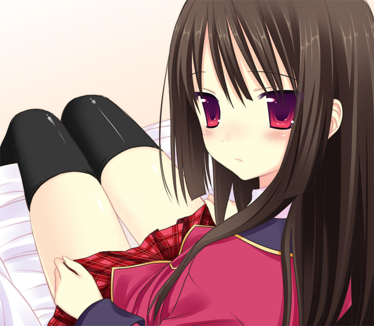 makita maki, original, gender request, third-party edit, 1girl, blush, brown hair, clothes lift, female focus, genderswap, long hair, red eyes, skirt, skirt lift, solo, thighhighs, tsurime