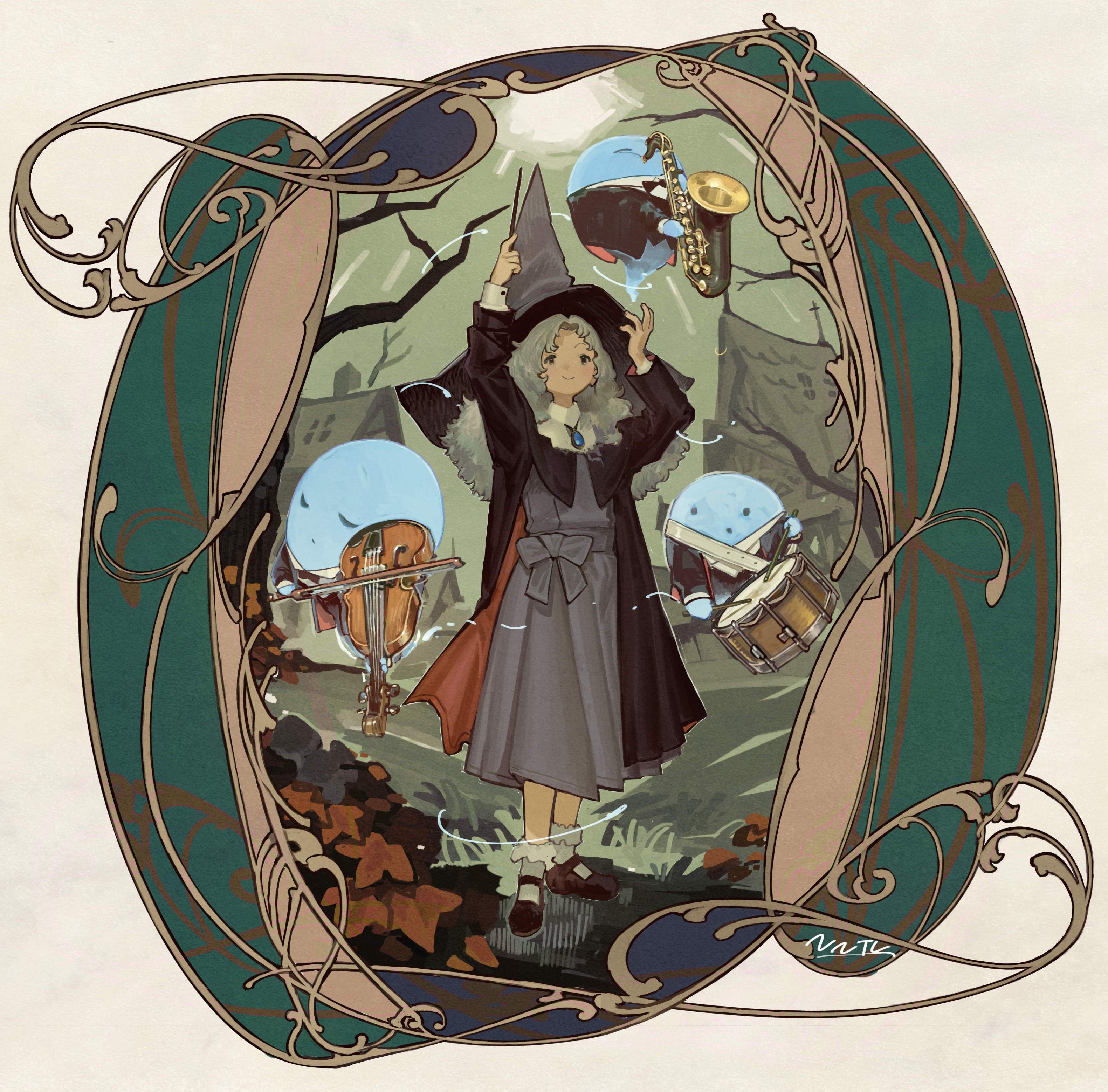 nanora, original, absurdres, highres, 1girl, coat, conductor baton, dress, fantasy, grey background, grey eyes, grey hair, hat, instrument, long coat, long hair, open clothes, open coat, shoes, skirt, socks, solo, violin, wand, white socks, witch, witch hat