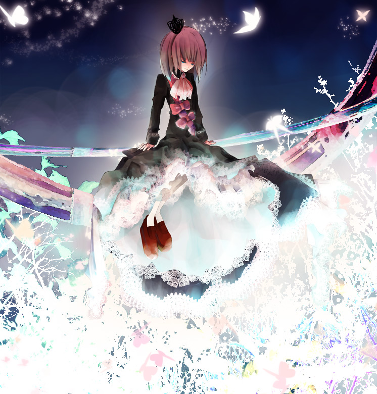 toukoku sasaiko, ushiromiya maria, umineko no naku koro ni, bad id, bad pixiv id, 00s, 1girl, ascot, bow, brown hair, bug, butterfly, crown, dress, female focus, insect, ribbon, short hair, sitting, solo