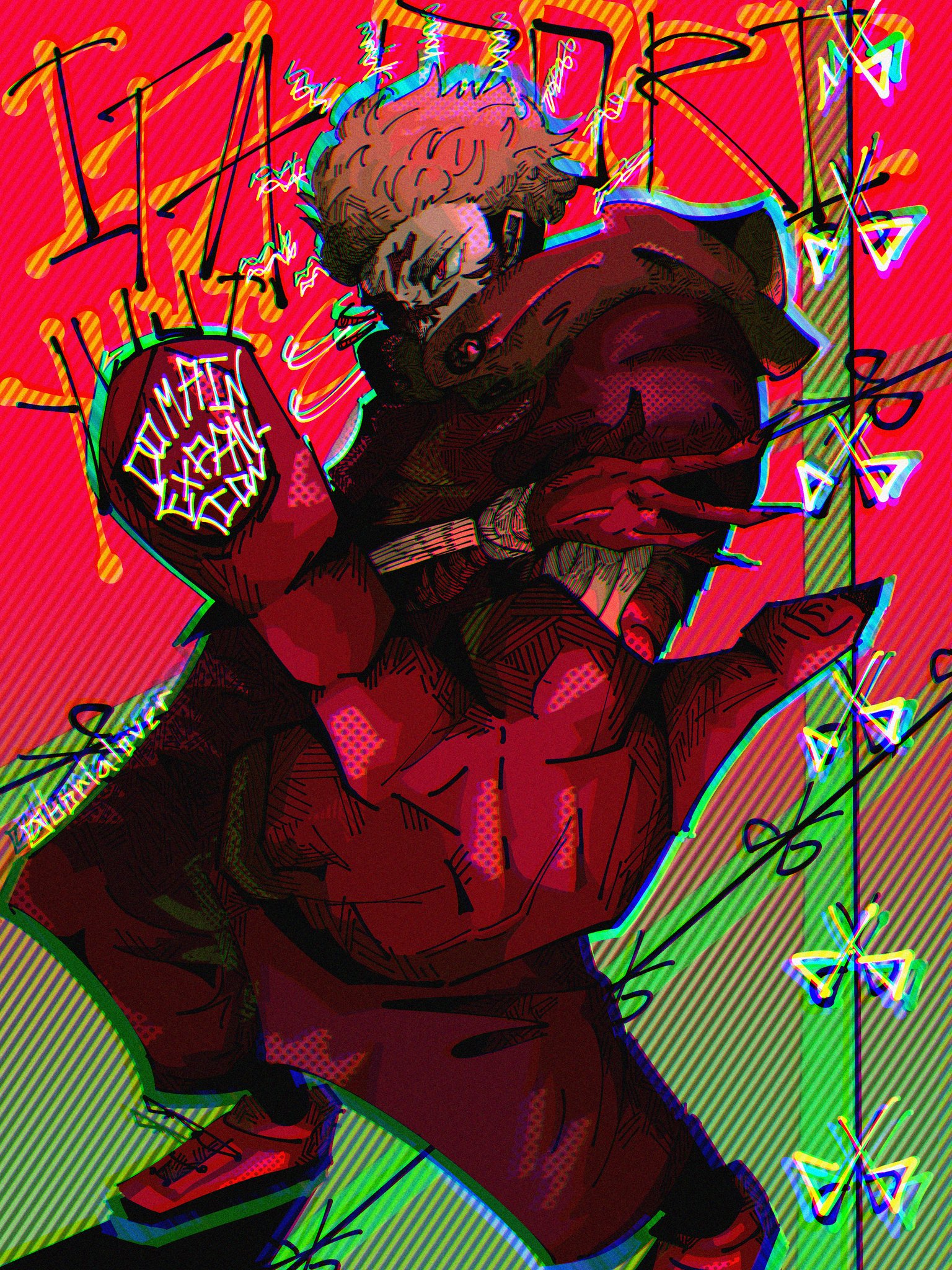 itadori yuuji, jujutsu kaisen, highres, artist name, borialover, character name, clawed gauntlets, cut-here line, english text, gauntlets, gloves, middle finger, nail art, pink hair, red eyes, red gloves, red shoes, scar, scar on face, shoes, striped background, twitter username