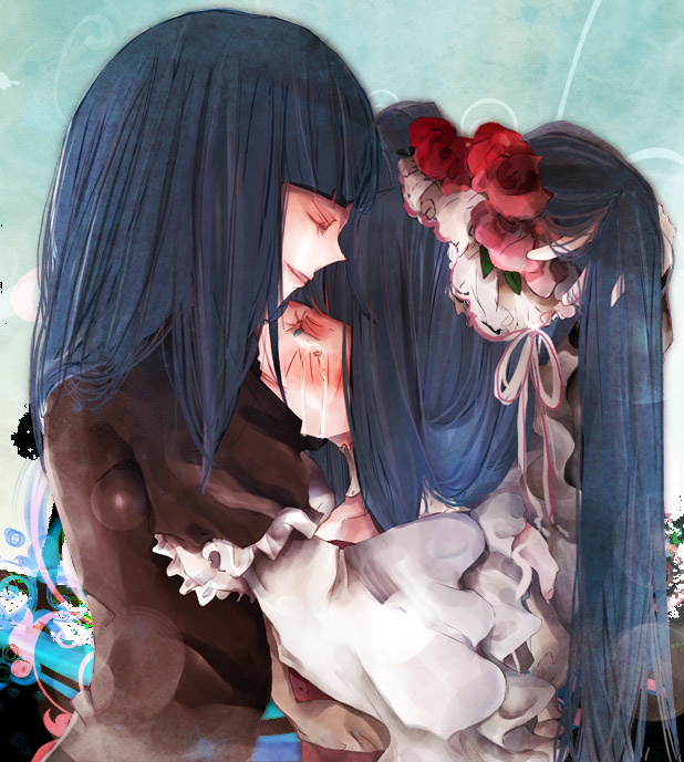 toukoku sasaiko, frederica bernkastel, furudo erika, umineko no naku koro ni, bad id, bad pixiv id, 00s, 2girls, bad anatomy, blue eyes, blue hair, blush, closed eyes, crying, flower, frills, hair flower, hair ornament, hug, multiple girls, red flower, red rose, rose, smile, tears, twintails, yuri