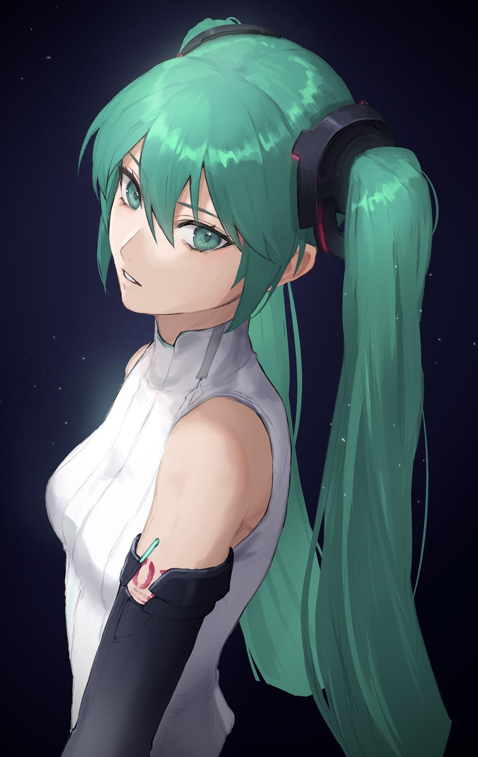 kouzuki kei, hatsune miku, hatsune miku (append), vocaloid, vocaloid append, highres, 1girl, bare shoulders, breasts, green eyes, green hair, long hair, looking at viewer, parted lips, sky, sleeveless, small breasts, solo, star (sky), starry sky, twintails, upper body, very long hair