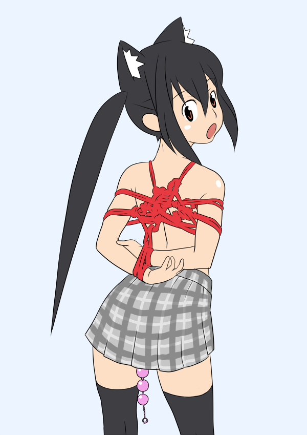 omeyokan, nakano azusa, k-on!, 1girl, anal, anal beads, arms behind back, bdsm, black hair, black thighhighs, bondage, bound, box tie, brown eyes, female focus, long hair, plaid clothes, plaid skirt, rope, school uniform, sex toy, skirt, solo, thighhighs, topless female, twintails
