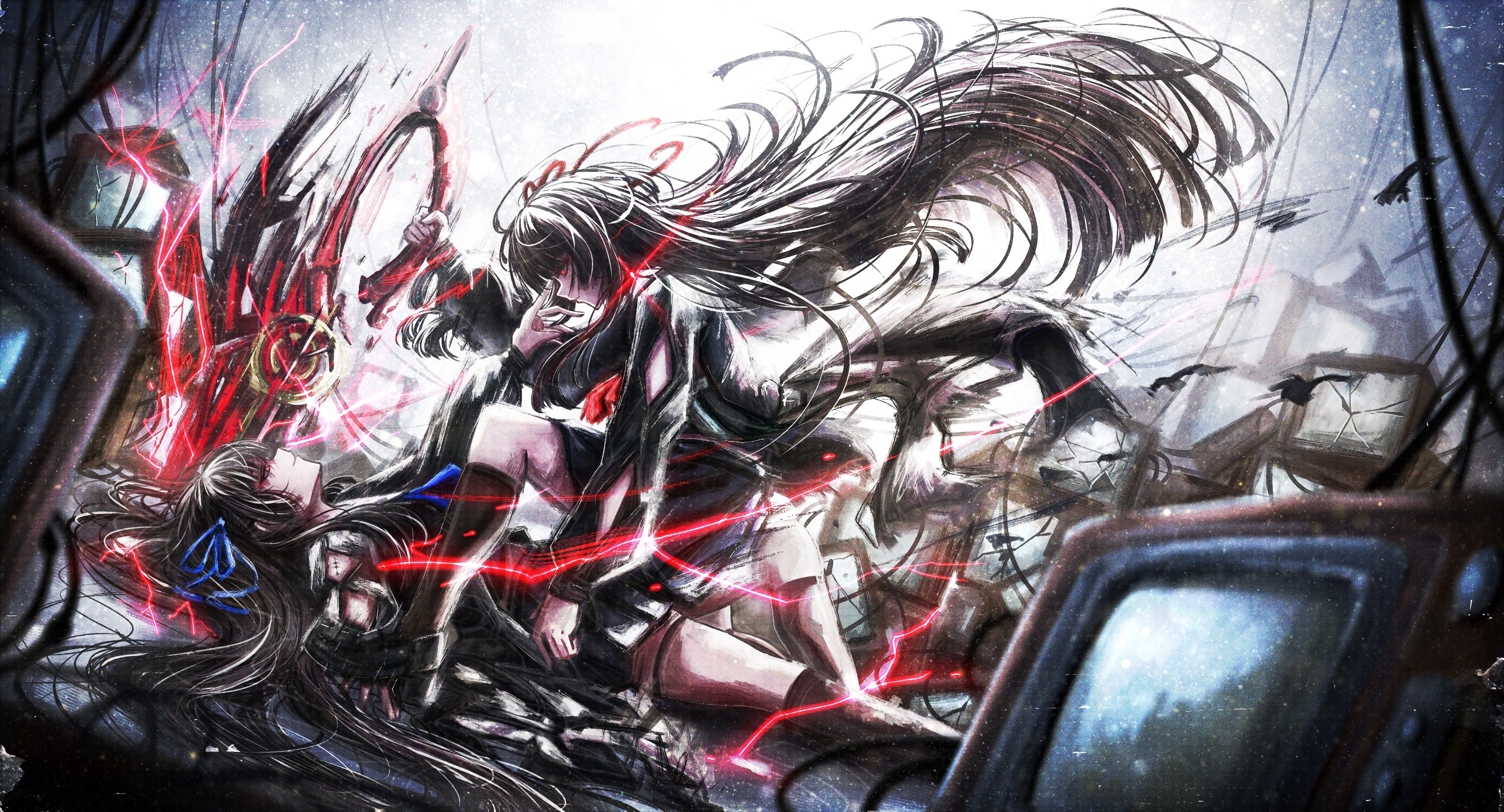 artdroiiid ii, chisa (wuthering waves), wuthering waves, commentary, english commentary, highres, 2girls, black hair, black jacket, black skirt, blue eyes, blue ribbon, crt, dark persona, dual persona, hair ribbon, holding, holding sword, holding weapon, jacket, long hair, long sleeves, looking at another, multiple girls, neckerchief, red neckerchief, red ribbon, ribbon, skirt, sword, very long hair, weapon