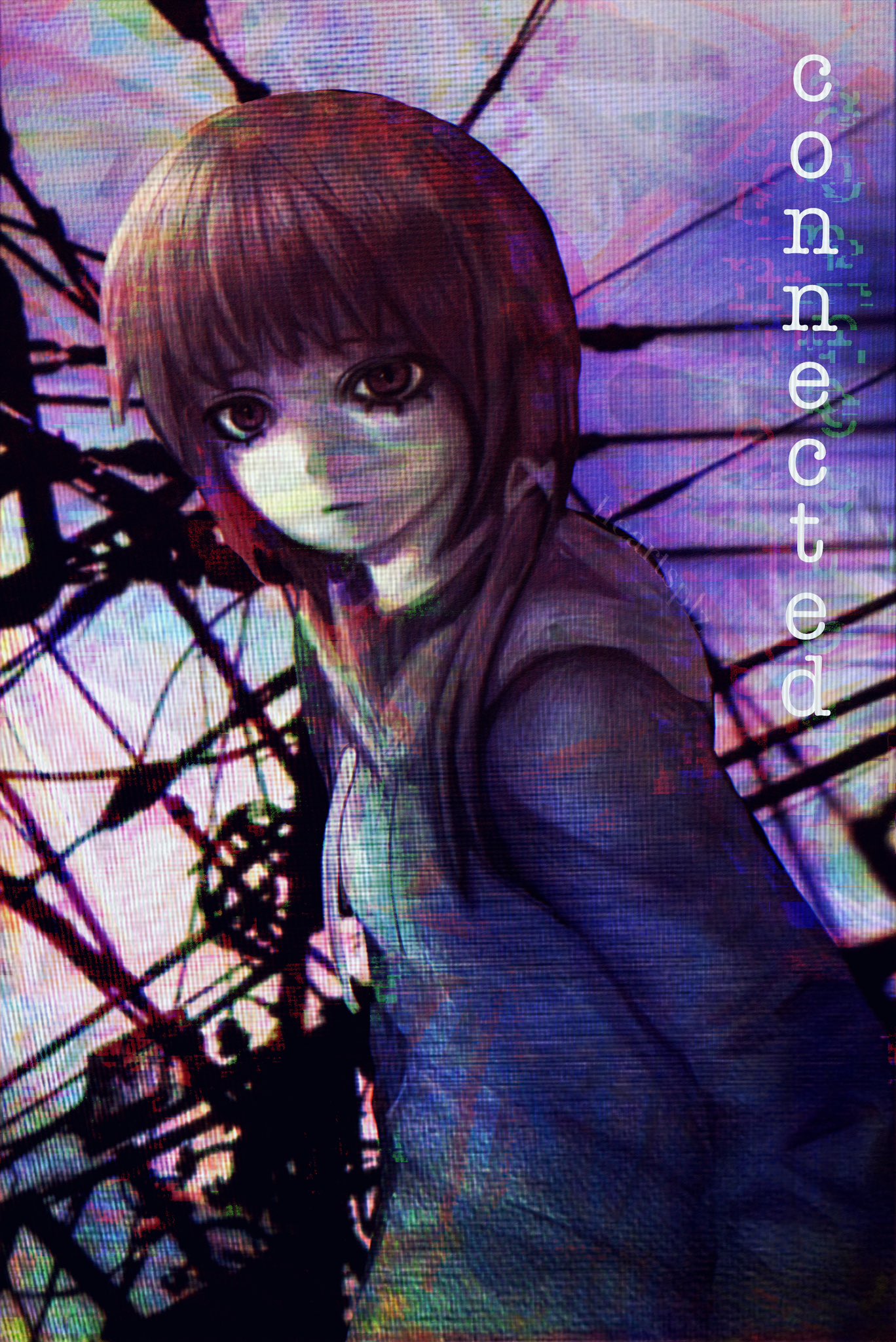 iwakura lain, serial experiments lain, highres, 1girl, closed mouth, heartsplz, hood, hoodie, pale skin, short hair with long locks, single sidelock, solo, upper body, wire