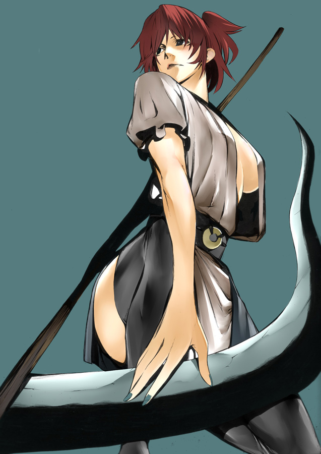 onigunsou, onozuka komachi, touhou, 1girl, aqua nails, ass, breasts, female focus, large breasts, nail polish, red hair, scythe, short hair, sideboob, solo