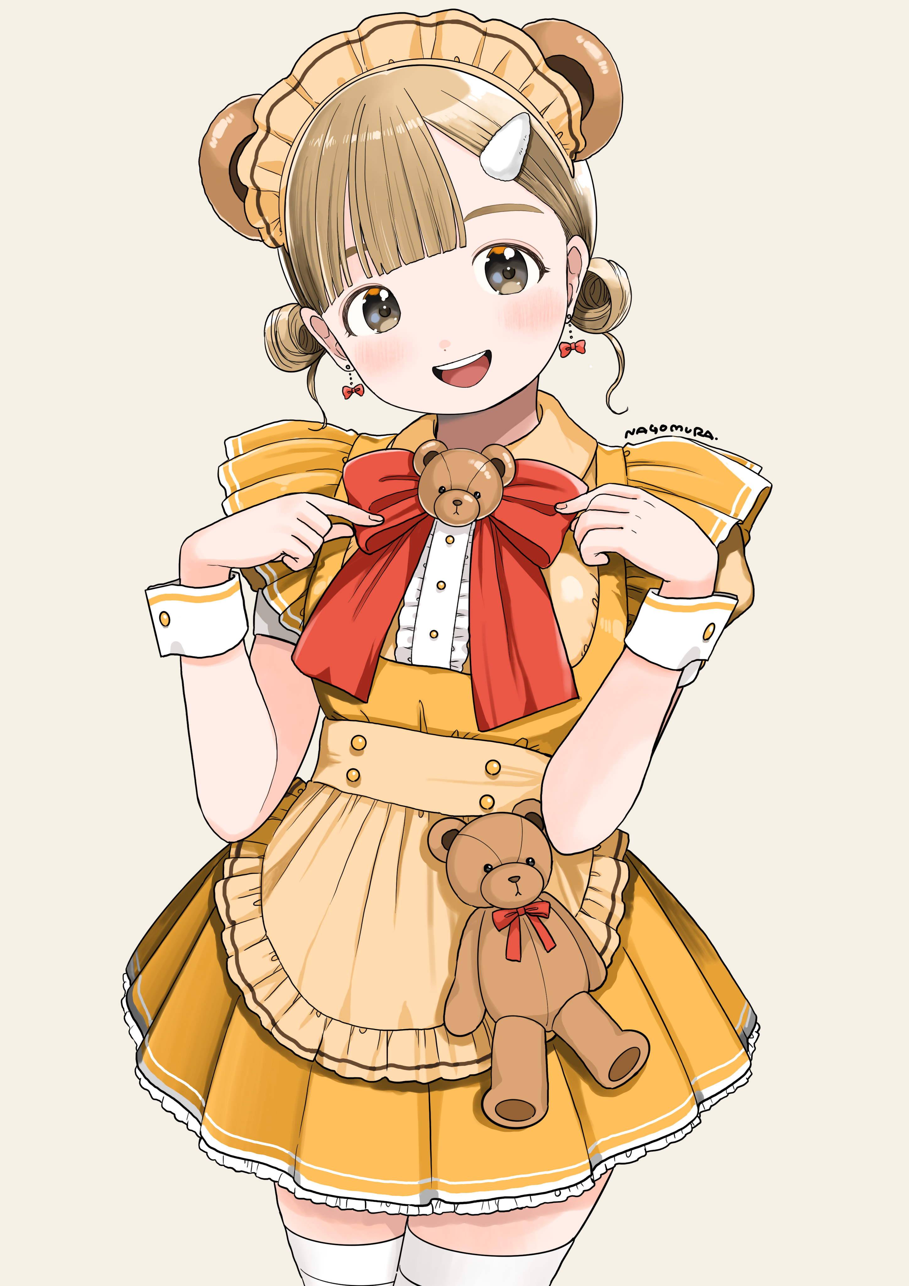 nagomurasan, original, absurdres, highres, 1girl, :d, animal ears, apron, artist name, bear ears, blunt bangs, blush, bow, bowtie, brown background, brown eyes, brown hair, cowboy shot, dot nose, dress, fake animal ears, frilled sleeves, frills, hair ornament, hairclip, looking at viewer, maid apron, maid headdress, open mouth, orange apron, orange dress, parted bangs, red bow, red bowtie, short hair, signature, simple background, smile, solo, standing, stuffed animal, stuffed toy, teddy bear, thighhighs, white thighhighs