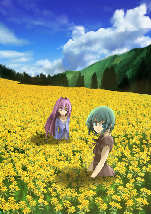 sumisuzu, original, 2girls, day, field, flower, flower field, grass, green eyes, green hair, multiple girls, pink eyes, pink hair, shadow, sky, smile, sun, tree