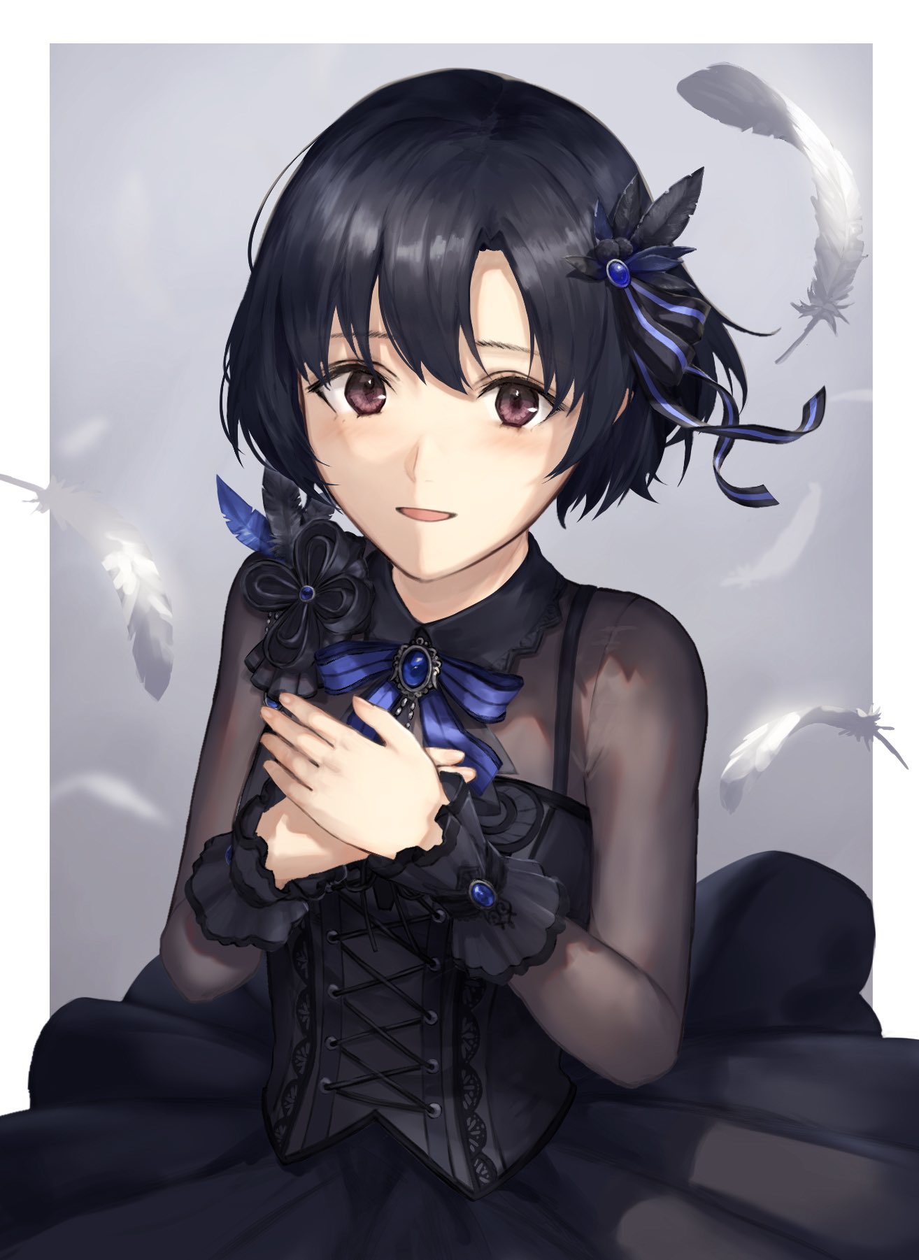 kouzuki kei, shiragiku hotaru, idolmaster, idolmaster cinderella girls, highres, 1girl, black dress, black hair, blush, bow, bowtie, brown eyes, dress, feathers, hair ribbon, hands on own chest, looking at viewer, open mouth, own hands together, ribbon, see-through clothes, short hair, smile, solo, upper body