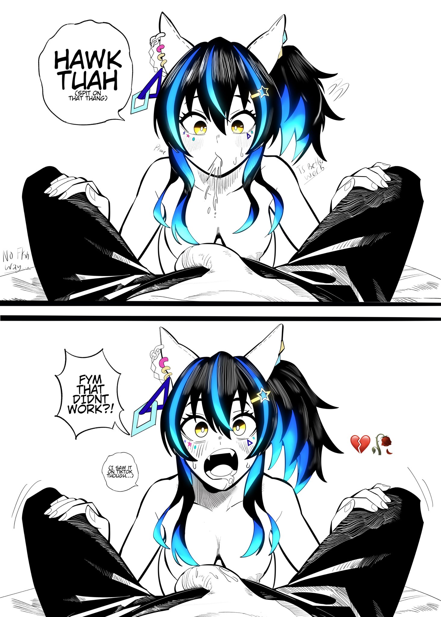 kunitoro (artist), daitaku helios (umamusume), umamusume, highres, 1boy, 1girl, animal ears, blue hair, colored inner hair, flaccid, hair ornament, hairclip, hetero, horse ears, horse girl, imminent fellatio, multicolored hair, yellow eyes