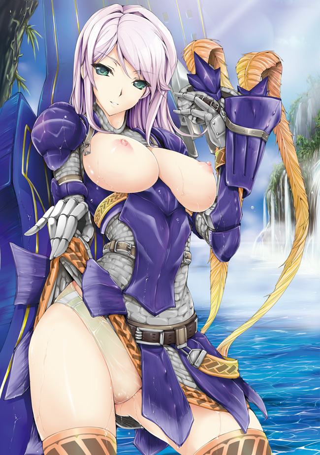 kizuki aruchu, capcom, monster hunter (series), light purple hair, 1girl, alternate color, armor, belt, breasts, breasts out, clothes lift, cloud, cover, day, fantasy, feathers, female focus, gauntlets, green eyes, hair intakes, hat, helmet, hermitaur (armor), large breasts, light rays, long hair, looking at viewer, naughty face, nipples, no bra, nude, open clothes, outdoors, panties, parted bangs, public indecency, puffy nipples, see-through clothes, skirt, skirt lift, sky, smile, solo, standing, steam, strap, sunbeam, sunlight, swept bangs, thighhighs, underwear, wading, water, waterfall, wet, wet clothes, wet panties, white hair, white panties, yellow panties, zenra, zettai ryouiki