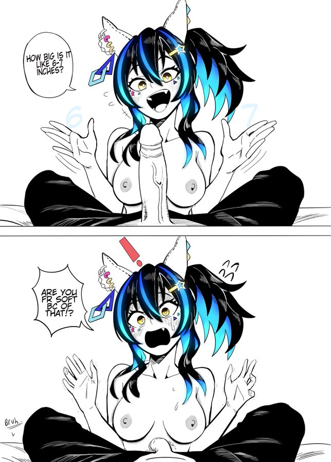 kunitoro (artist), daitaku helios (umamusume), umamusume, 1boy1girl, 67, blue hair, bruh, flaccid, large penis, meme, penis, simple background, six seven, veins, veiny penis