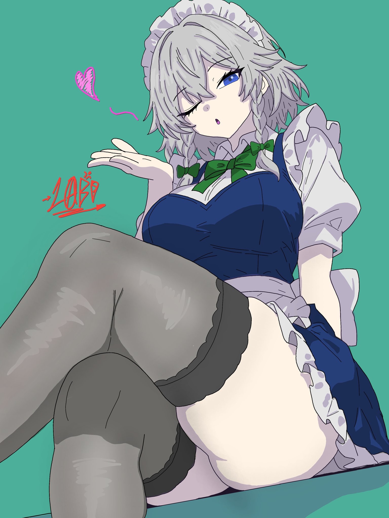 izayoi sakuya, touhou, highres, 1girl, ;d, apron, aqua background, back bow, black thighhighs, blowing kiss, blue dress, blue eyes, bow, braid, breasts, crossed legs, drawlab33t, dress, frilled apron, frilled skirt, frills, green bow, grey hair, hair bow, large breasts, looking at viewer, maid, maid apron, maid headdress, one eye closed, open mouth, puffy short sleeves, puffy sleeves, short hair, short sleeves, signature, simple background, sitting, skirt, smile, solo, thighhighs, twin braids, waist apron