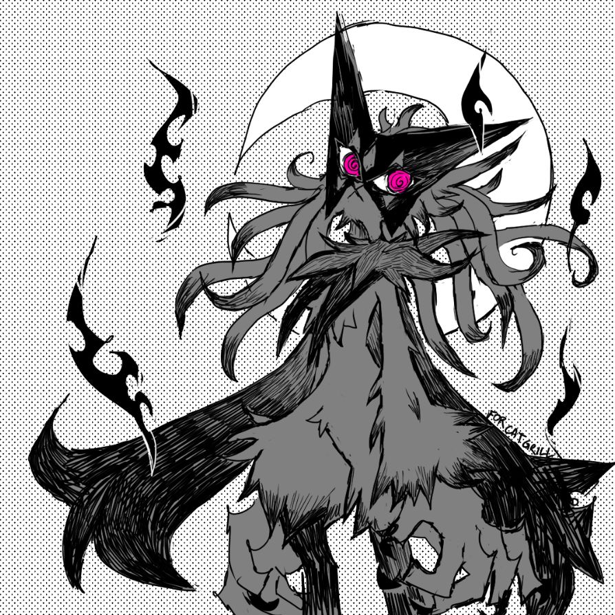 genc, meowscarada, nintendo, pokemon, pokemon sv, cat, claws, creature, creature focus, crescent, limited palette, long hair, pokemon (creature), pokemon focus, purple eyes, solo