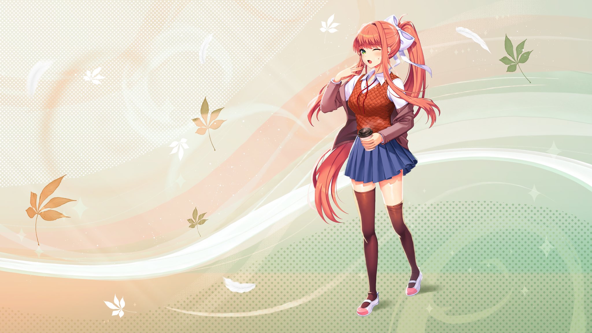 satchely, monika (doki doki literature club), doki doki literature club, commentary, english commentary, highres, official art, third-party source, 1girl, blue skirt, blush, brown hair, brown jacket, brown thighhighs, collared shirt, cup, disposable coffee cup, disposable cup, doki doki literature club school uniform, eyelashes, full body, green eyes, hair intakes, hair ribbon, holding, holding cup, jacket, leaf, long hair, long sleeves, neck ribbon, off shoulder, one eye closed, open clothes, open jacket, open mouth, orange sweater vest, orange vest, ponytail, red ribbon, ribbon, school uniform, shirt, shoes, sidelocks, skirt, solo, standing, steam, sweatdrop, sweater vest, thighhighs, very long hair, vest, white ribbon, white shirt, white shoes