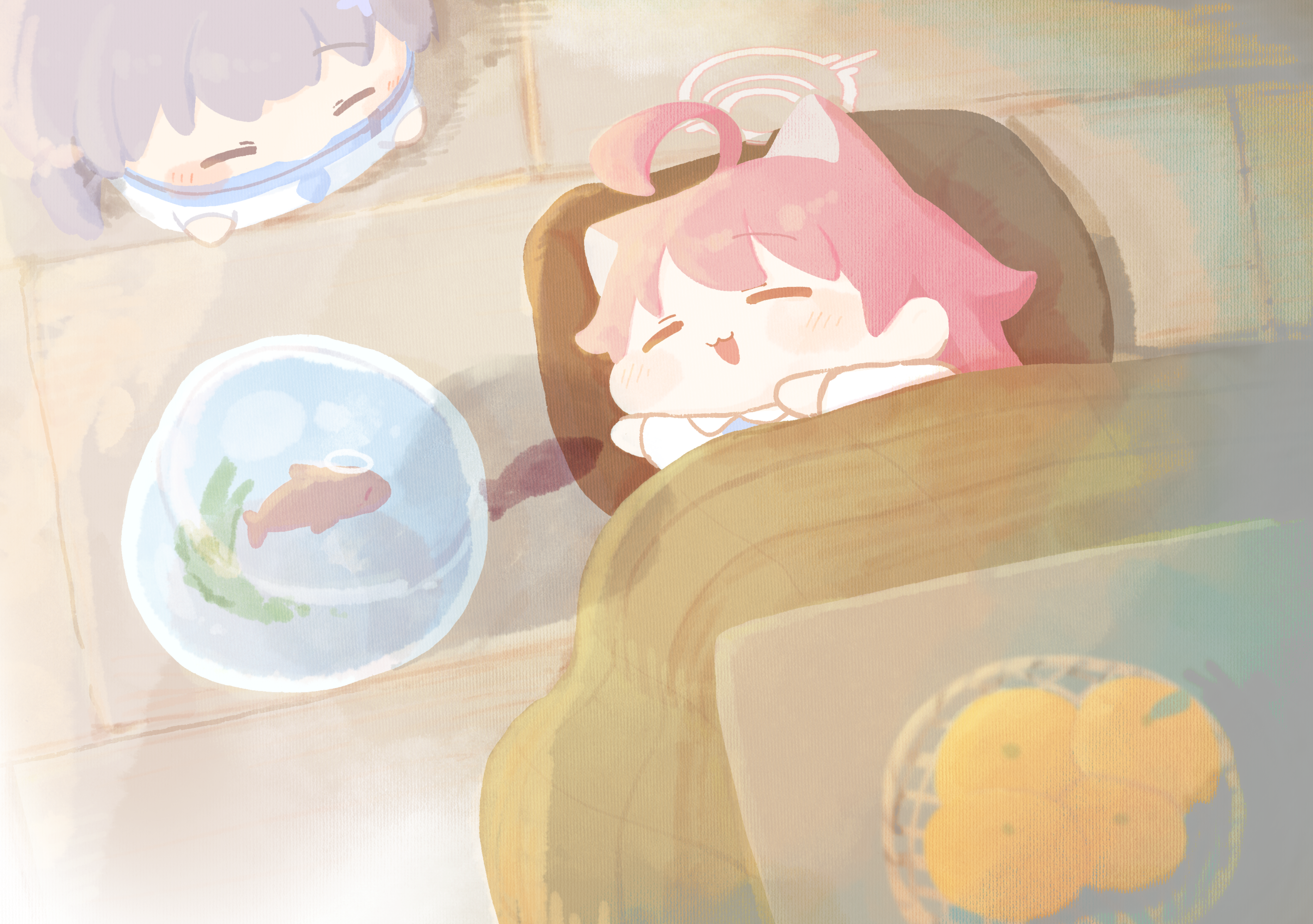 urode, hoshino (blue archive), shiroko (blue archive), blue archive, commentary request, highres, 2girls, :3, animal ear fluff, animal ears, aquarium, blue scarf, closed eyes, fish, food, grey hair, lying, multiple girls, on floor, open mouth, pillow, pink hair, scarf, wolf ears, wolf girl