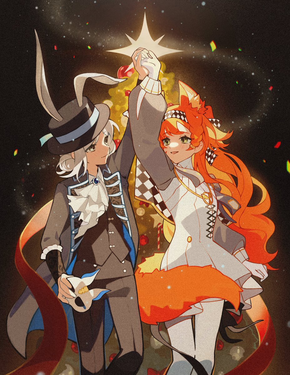 quanx70909457, sonetto (reverse:1999), vertin (reverse:1999), reverse:1999, highres, 2girls, :d, animal ears, arm up, ascot, black coat, black hat, black pants, black vest, boater hat, christmas tree, coat, confetti, cowboy shot, dark background, dog ears, dog girl, dog tail, dress, eye contact, gloves, green eyes, grey eyes, grey hair, hair bun, hat, holding, holding hands, holding mask, kemonomimi mode, light particles, long hair, long sleeves, looking at another, mask, multiple girls, open mouth, orange hair, pants, pants under dress, rabbit ears, rabbit girl, short dress, short hair, single side bun, smile, sparkle, tail, unworn mask, vest, white ascot, white dress, white gloves, white pants