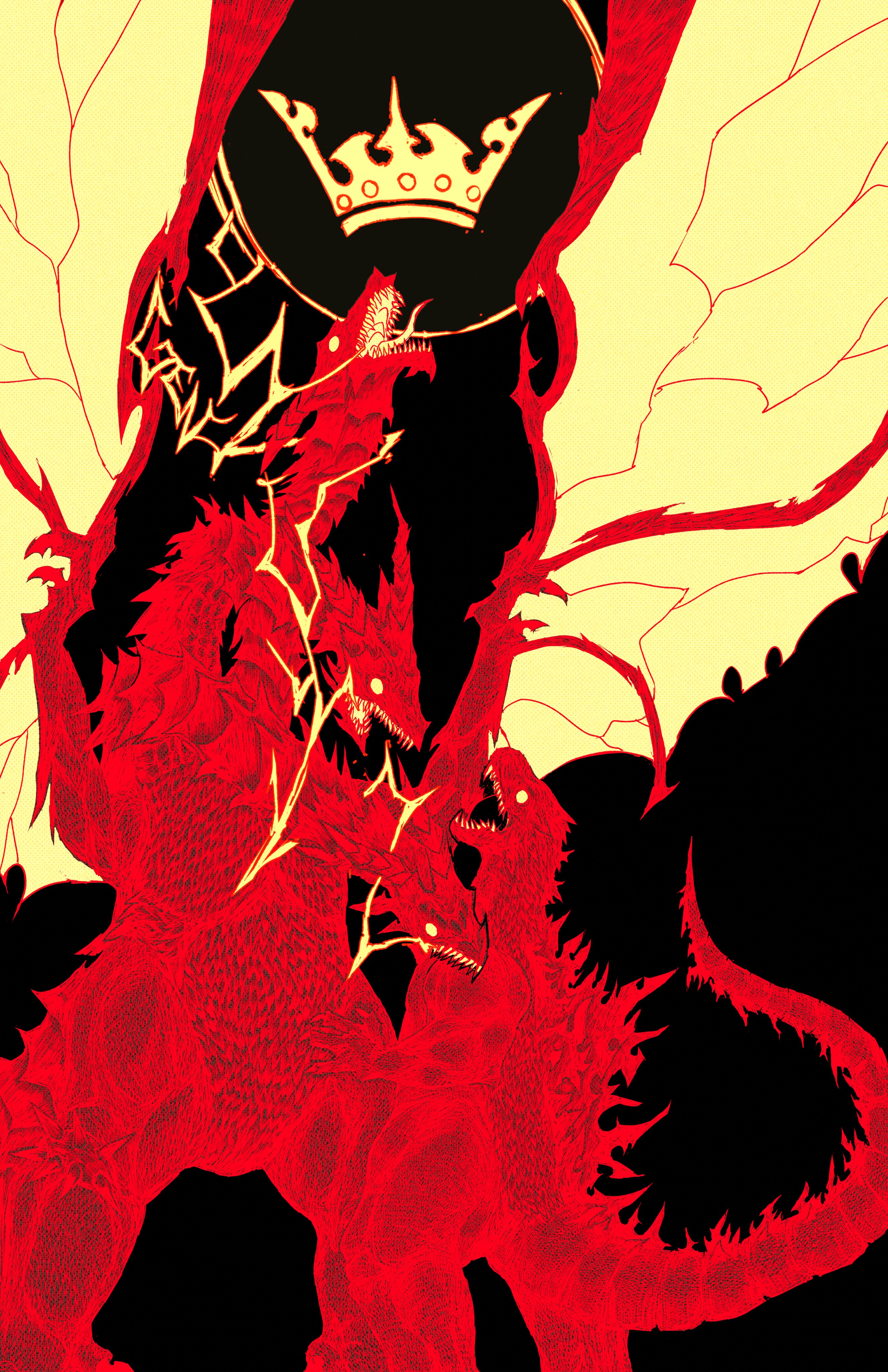 genc, godzilla, king ghidorah, godzilla (series), absurdres, highres, battle, biting, black background, crown, dragon, electricity, lightning, limited palette, multiple heads, scales, signature, spines, tail, yellow eyes