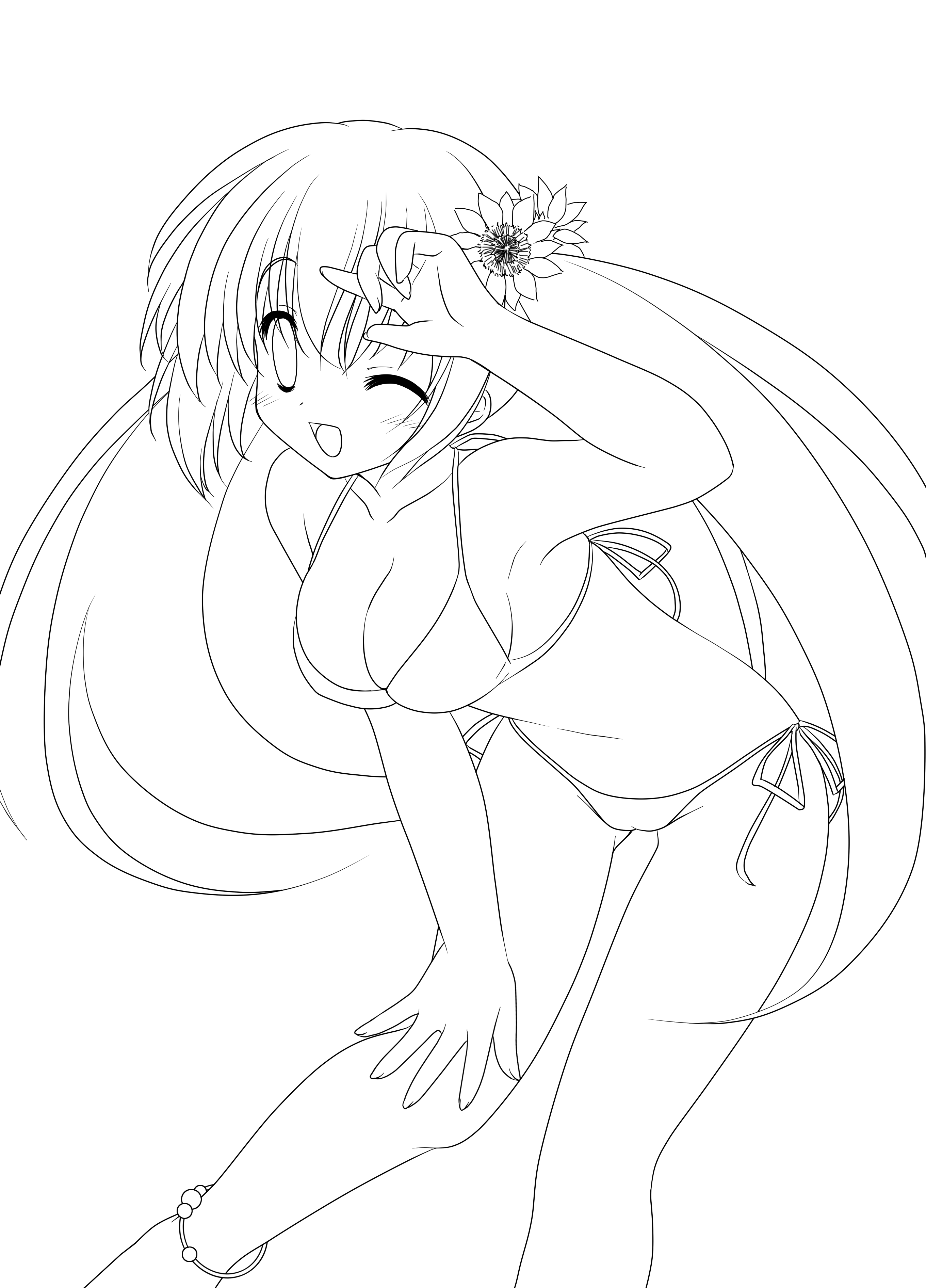 yuyi, original, absurdres, highres, 1girl, amai yui, anklet, female focus, flower, greyscale, hair flower, hair ornament, jewelry, leaning forward, lineart, long hair, monochrome, one eye closed, smile, solo, sunflower, transparent background, twintails, very long hair, wink