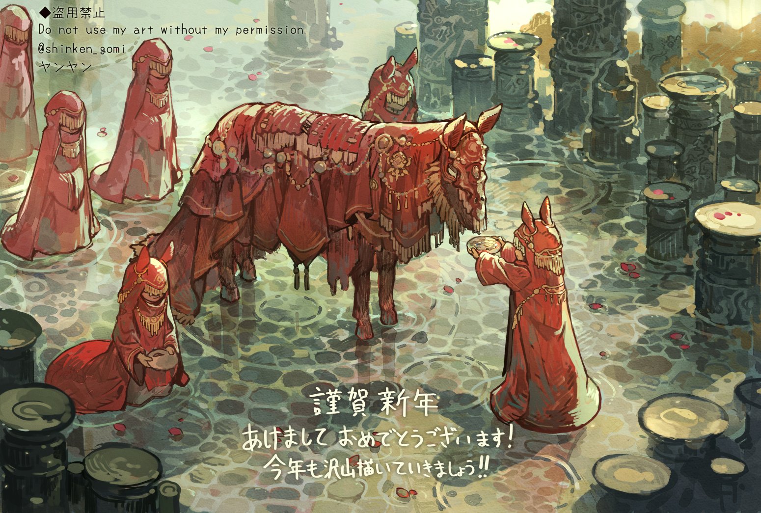 yanyan (shinken gomi), original, 6+others, chinese zodiac, cloak, fantasy, happy new year, holding, horse, multiple others, new year, red cloak, reflection, reflective liquid, watermark, year of the horse