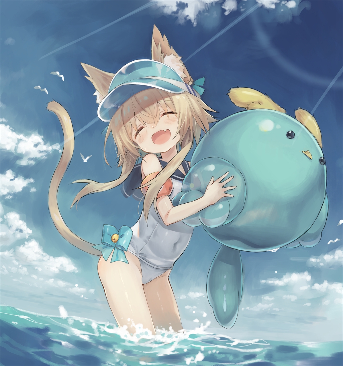 fuyu no kareha, original, highres, 1girl, animal ear fluff, animal ears, blue visor, brown hair, cat ears, cat girl, cat tail, closed eyes, cloud, covered navel, day, fang, inflatable toy, ocean, one-piece swimsuit, open mouth, outdoors, sailor collar, short hair, short hair with long locks, sky, smile, solo, swimsuit, tail, thighs, visor cap, wading, water, white one-piece swimsuit