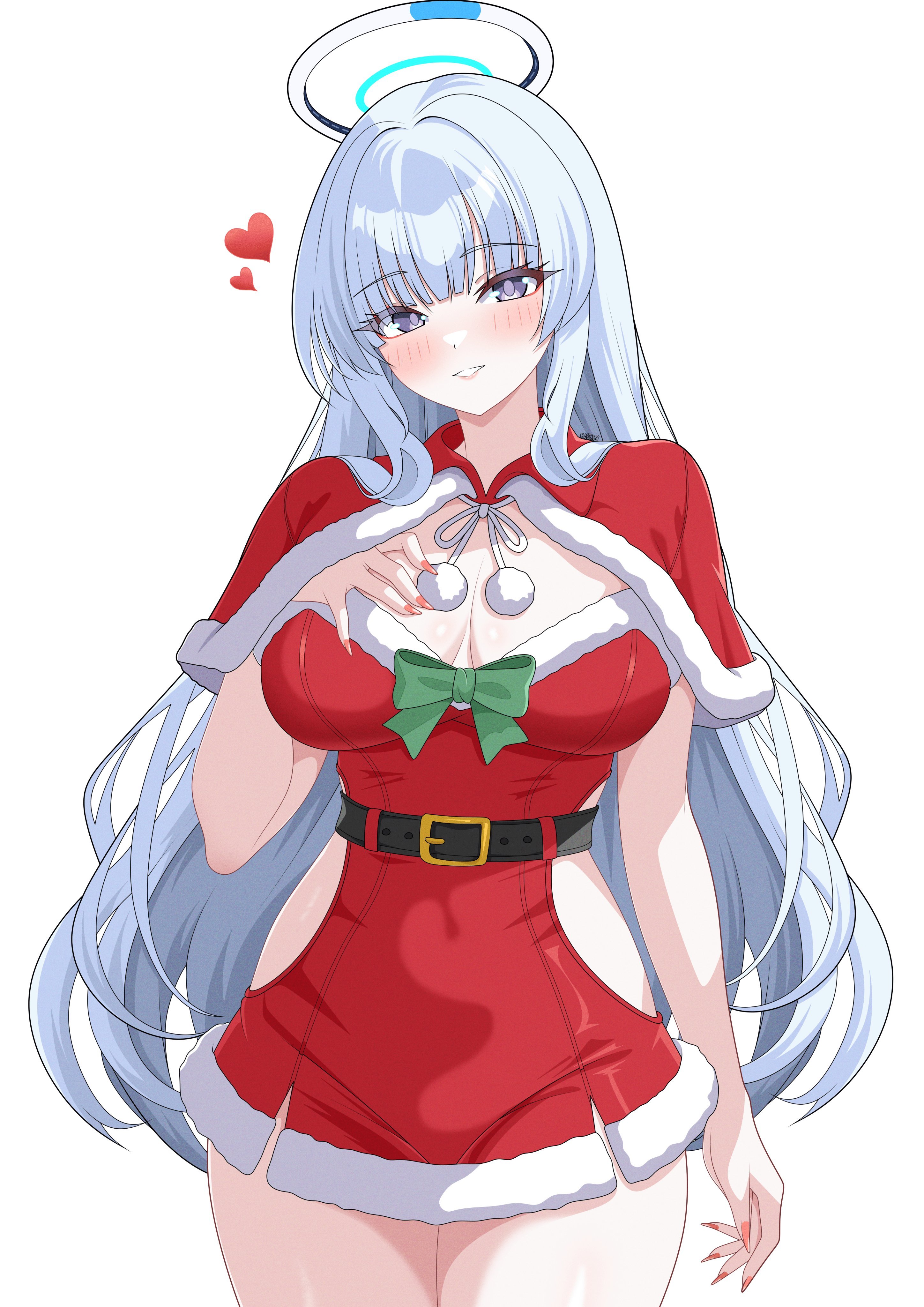 hazaky, noa (blue archive), blue archive, absurdres, highres, 1girl, belt, blush, breasts, cleavage, dress, halo, heart, long hair, looking at viewer, mechanical halo, parted lips, purple eyes, santa costume, santa dress, skirt, smile, solo, white hair