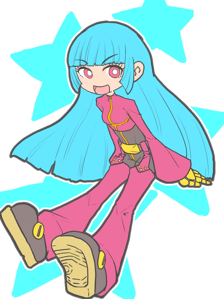 kunimitsudx, kula diamond, the king of fighters, 1girl, belt, black bodysuit, blue hair, blunt bangs, bodysuit, bright pupils, chaps, cropped jacket, gloves, hime cut, jacket, leaning forward, long hair, long sleeves, looking at viewer, open mouth, pink eyes, purple eyes, purple jacket, simple background, smile, solo, star (symbol), white pupils, yellow gloves