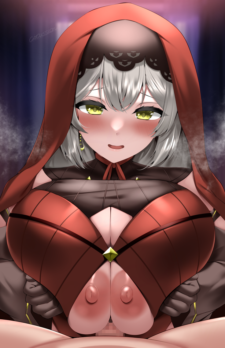 circussion, original, 1boy, 1girl, bare shoulders, blush, breasts, breasts squeezed together, brown gloves, censored, cleavage, cleavage cutout, clothing cutout, collarbone, detached sleeves, gloves, grey hair, hetero, long hair, looking at viewer, nipples, open mouth, paizuri, penis, smile, veil, yellow eyes