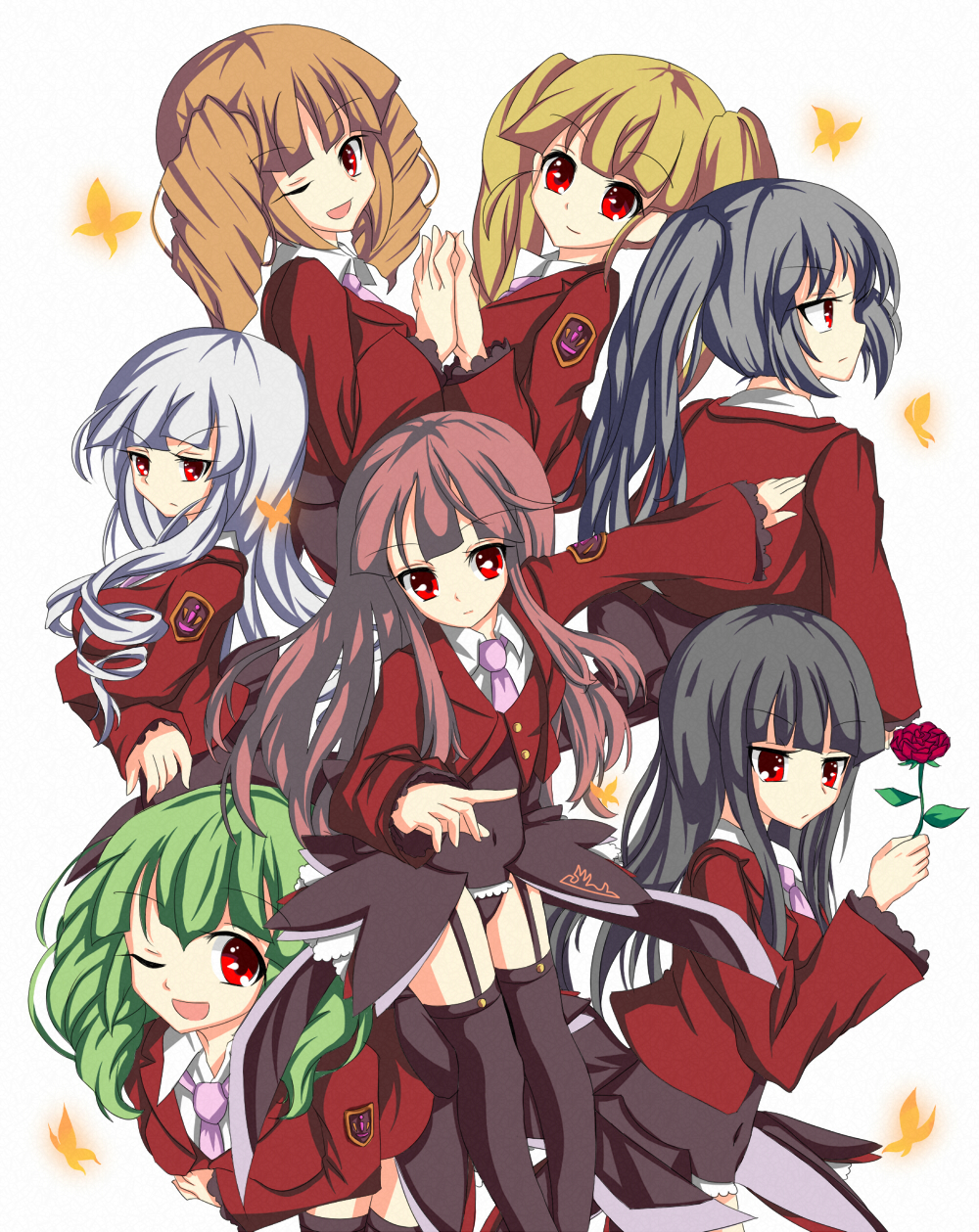 arutera (arutema), asmodeus (umineko), beelzebub (umineko), belphegor (umineko), leviathan (umineko), lucifer (umineko), mammon (umineko), satan (umineko), stakes of purgatory, umineko no naku koro ni, bad id, bad pixiv id, highres, 00s, 6+girls, black hair, black thighhighs, blonde hair, brown hair, bug, butterfly, flower, green hair, grey hair, insect, long hair, multiple girls, necktie, pink necktie, ponytail, red eyes, rose, thighhighs, twintails