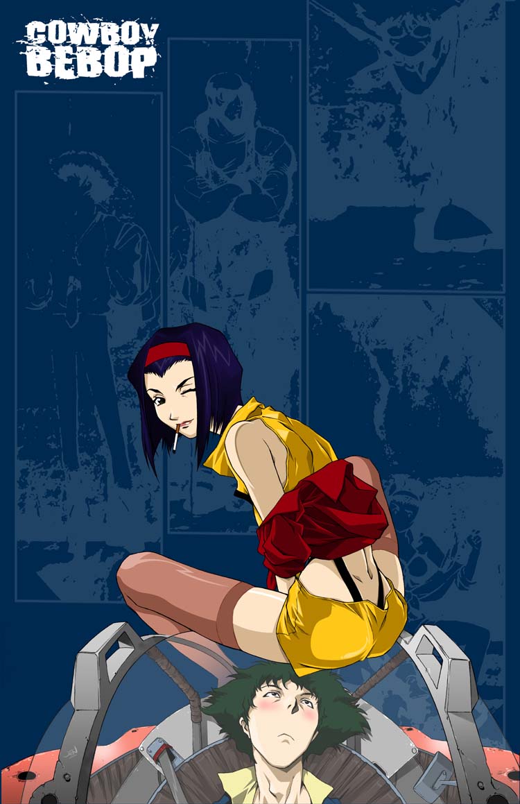 edward wong hau pepelu tivrusky iv, ein (cowboy bebop), faye valentine, jet black, spike spiegel, swordfish ii, cowboy bebop, 1990s (style), 1boy, 1girl, black hair, blue hair, blush, cigarette, dog, hairband, looking at viewer, mouth hold, one eye closed, pilot, pink thighhighs, retro artstyle, ship, shirt, short hair, sitting, sleeves rolled up, smoking, spacecraft, thighhighs, watercraft, wink, yellow shirt, zettai ryouiki