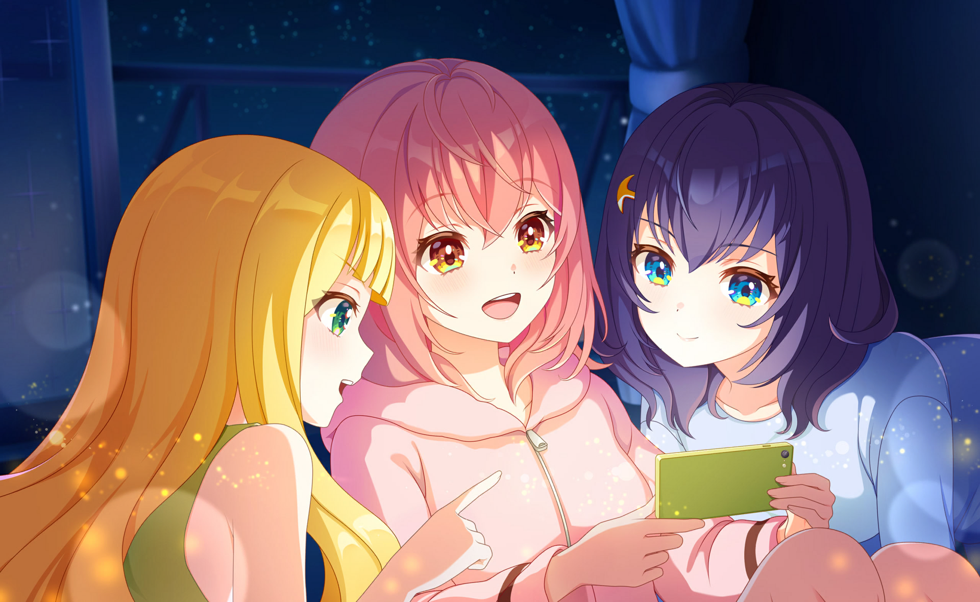 kathrina griebel, ootori kokona, shizuka (world dai star), world dai star, commentary request, game cg, highres, official art, third-party source, 3girls, :d, black hair, blonde hair, blue eyes, blush, cellphone, closed mouth, collarbone, curtains, green eyes, hair between eyes, hair ornament, hairclip, handheld game console, holding, hood, hoodie, indoors, long hair, looking at another, lying, multiple girls, night, open mouth, pajamas, phone, pillow, pink hair, purple hair, sky, smile, star (sky), star (symbol), starry sky, window