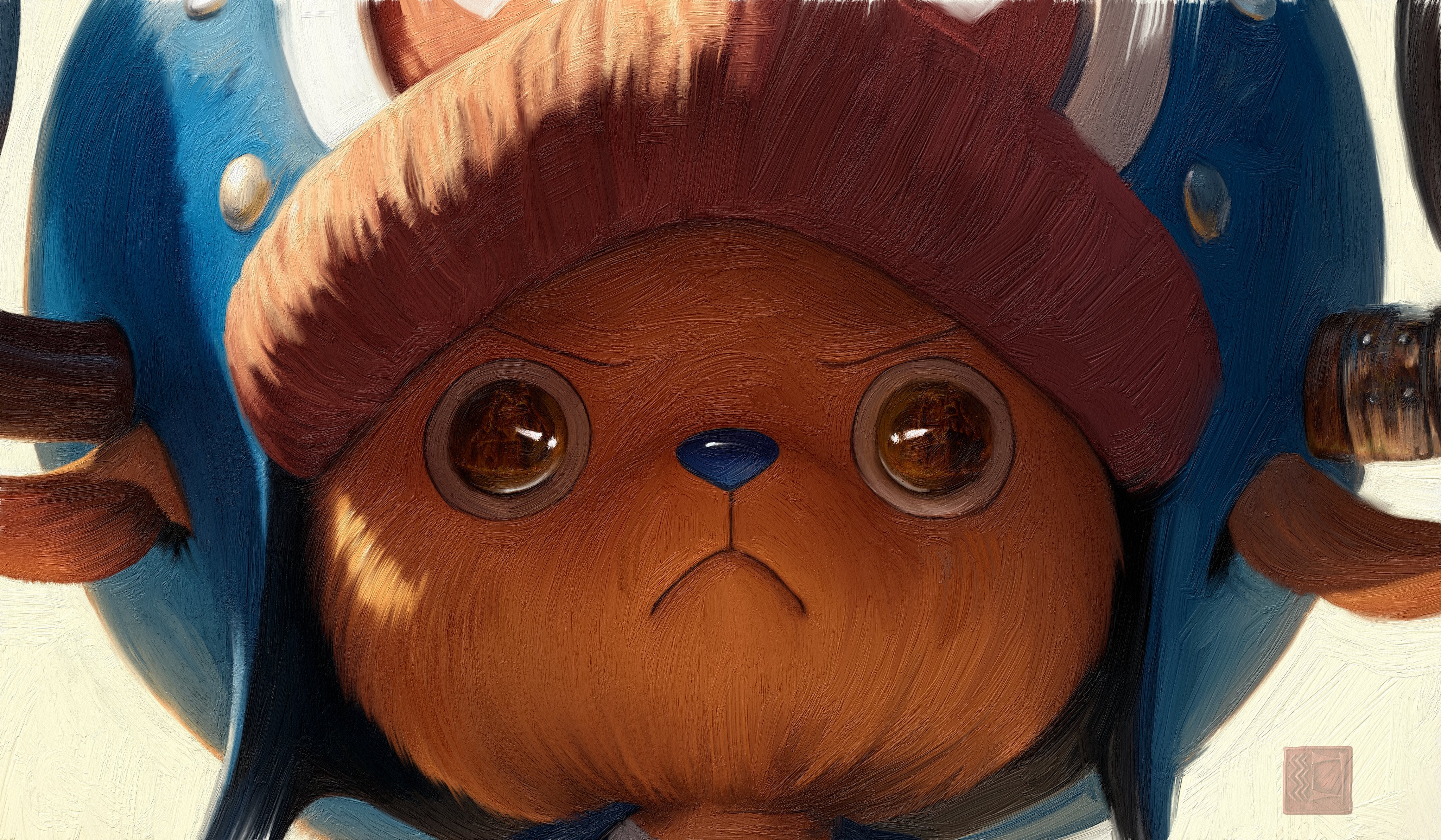 whitehogiii, tony tony chopper, one piece, absurdres, highres, painting (medium), traditional media, 1boy, antlers, brown eyes, determined, hat, horns, portrait, reindeer antlers, reindeer boy, watermark