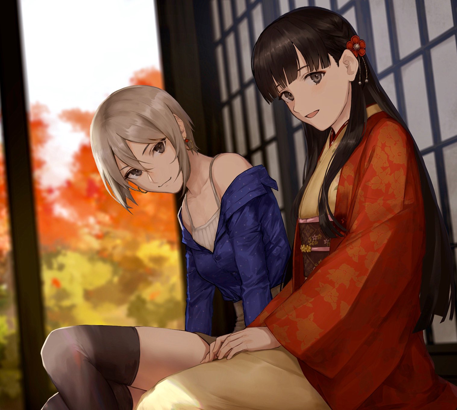 kouzuki kei, kobayakawa sae, shiomi syuko, idolmaster, idolmaster cinderella girls, highres, 2girls, autumn, bare shoulders, black hair, breasts, earrings, flower, grey eyes, grey hair, hair flower, hair ornament, japanese clothes, jewelry, kimono, long hair, looking at viewer, multiple girls, open mouth, short hair, sitting, small breasts, smile, thighhighs, veranda