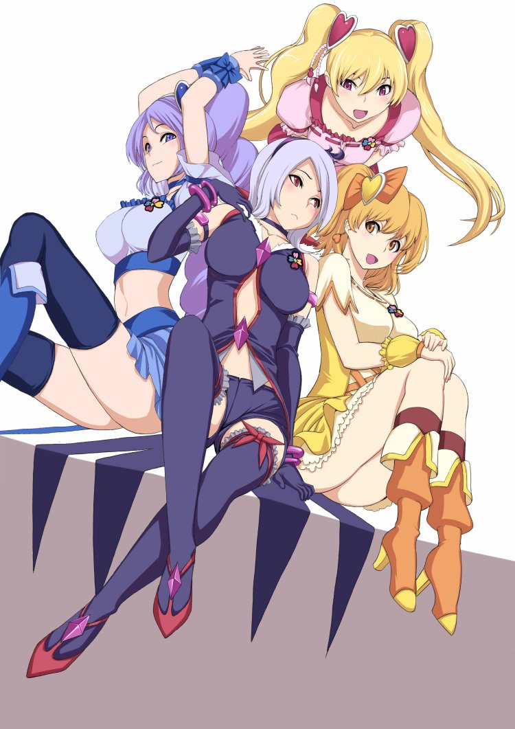 hakaba (dairiseki), aono miki, cure berry, cure peach, cure pine, eas (fresh precure!), higashi setsuna, momozono love, yamabuki inori, fresh precure!, precure, black neckwear, blue footwear, 00s, 4girls, blonde hair, blue eyes, blue hair, blue skirt, boots, choker, crossed legs, earrings, elbow gloves, gloves, hair ornament, hairband, heart, heart hair ornament, jewelry, knee boots, legs, long hair, magical girl, multiple girls, no choker, red eyes, short hair, sitting, skirt, thighhighs, twintails