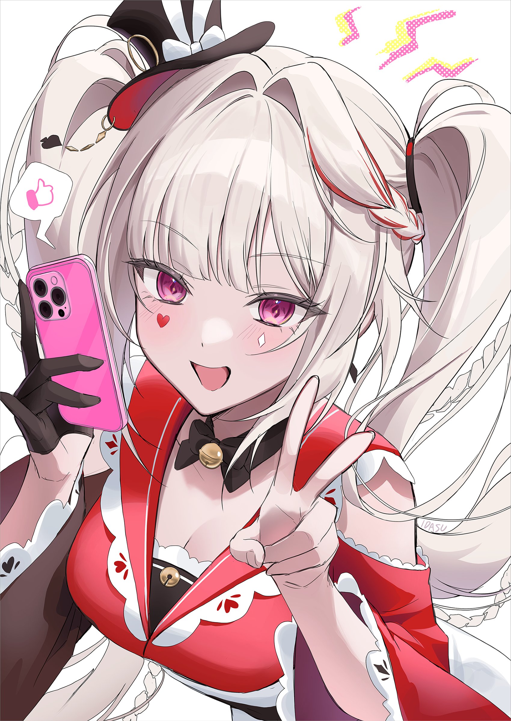 idasu (hyun9164), sparkle (honkai: star rail), sparxie (honkai: star rail), honkai: star rail, honkai (series), hashtag-only commentary, highres, 1girl, :d, animal ears, bell, bow, braid, breasts, choker, cleavage, clothing cutout, diamond (shape), diamond facial mark, facial mark, gloves, hat, hat ornament, heart, heart facial mark, holding, holding phone, medium breasts, open mouth, phone, pink eyes, rabbit ears, red streaks, shoulder cutout, side braid, single glove, smile, spoken thumbs up, twintails, white background, white hair