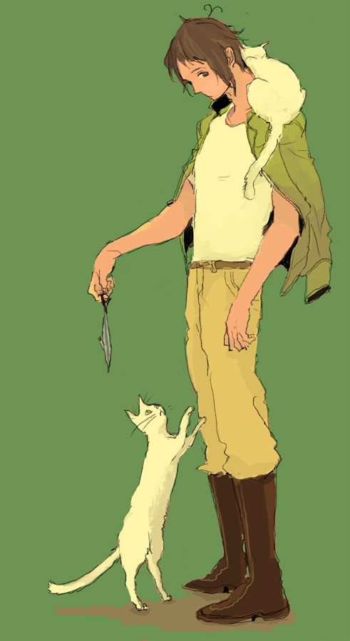 greece (hetalia), axis powers hetalia, 00s, 1boy, brown eyes, brown hair, cat, fish, full body, male focus, solo