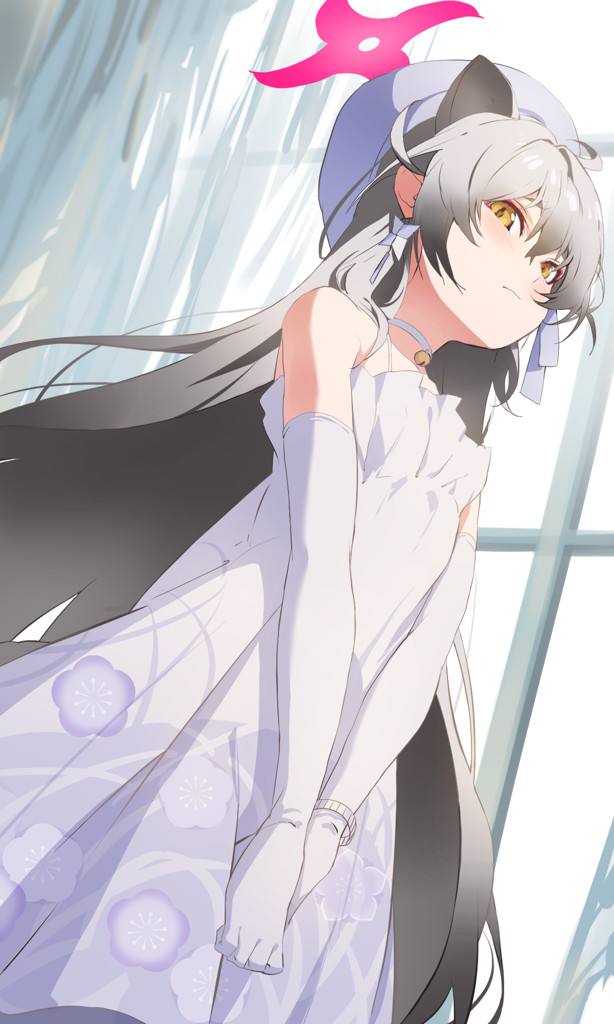 kuu (user gngs5284), michiru (blue archive), michiru (dress) (blue archive), blue archive, highres, 1girl, animal ears, bare shoulders, beret, blush, breasts, choker, dress, elbow gloves, eyeliner, gloves, grey hair, halo, hat, long hair, looking at viewer, makeup, raccoon ears, raccoon girl, small breasts, solo, white choker, white dress, white gloves, white hat, yellow eyes