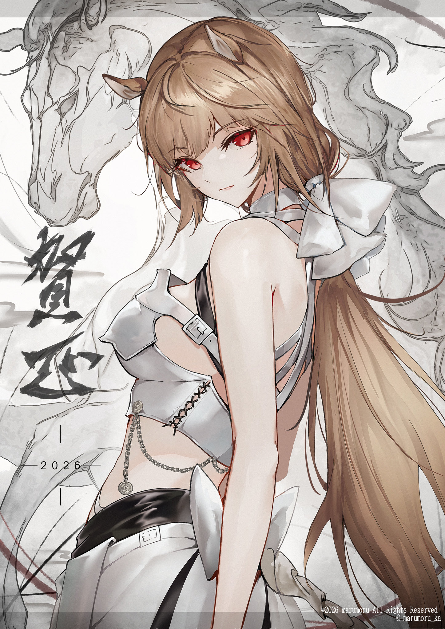 marumoru, original, highres, 1girl, 2026, animal ears, breasts, brown hair, closed mouth, from side, horse ears, horse girl, horse tail, long hair, looking at viewer, medium breasts, red eyes, skirt, solo, tail, white skirt