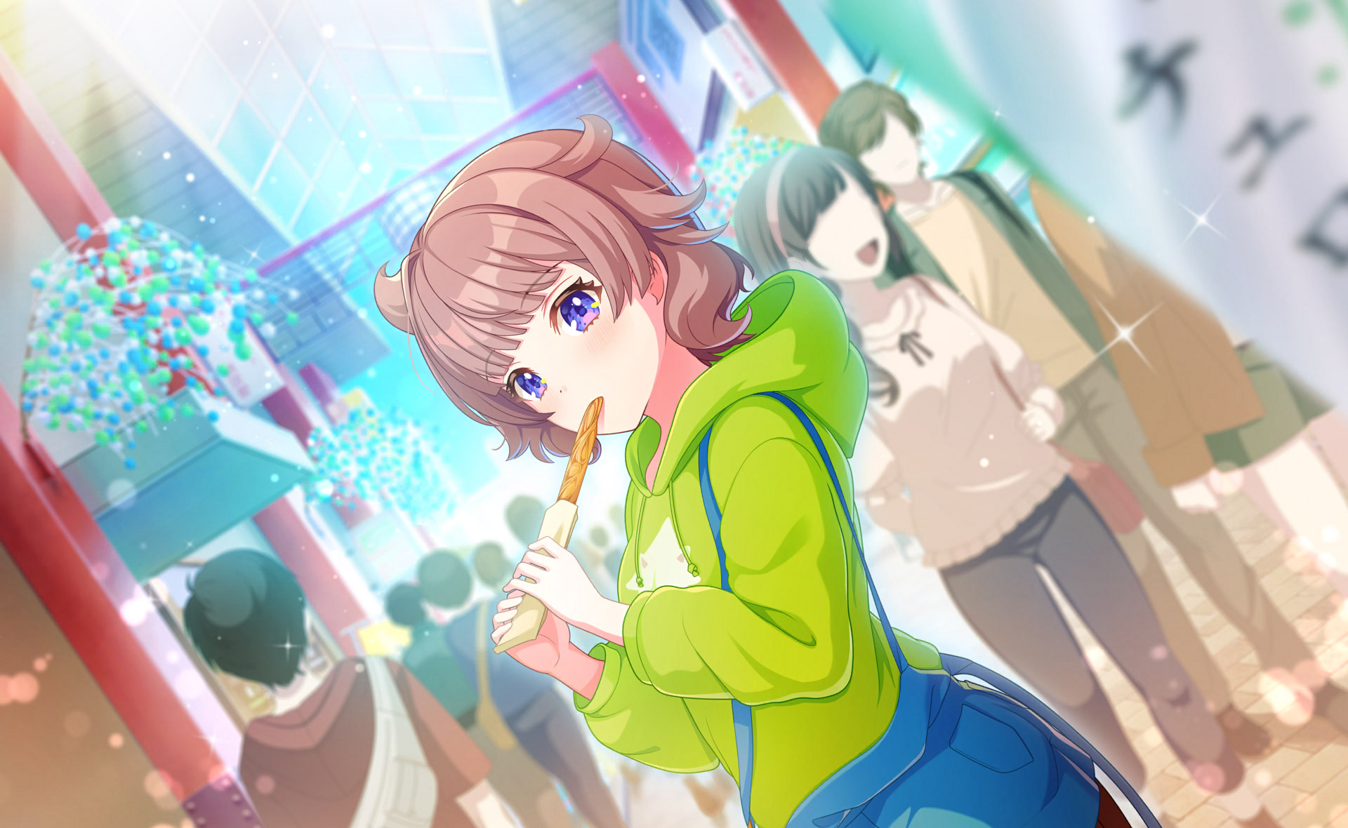 sasuga chisa, world dai star, commentary request, game cg, highres, official art, third-party source, 1girl, blurry, blurry background, blurry foreground, blush, brown hair, depth of field, food, hood, hood down, hoodie, jacket, multiple boys, multiple girls, pants, purple eyes, short hair, shorts, solo focus, sparkle, standing, yellow jacket