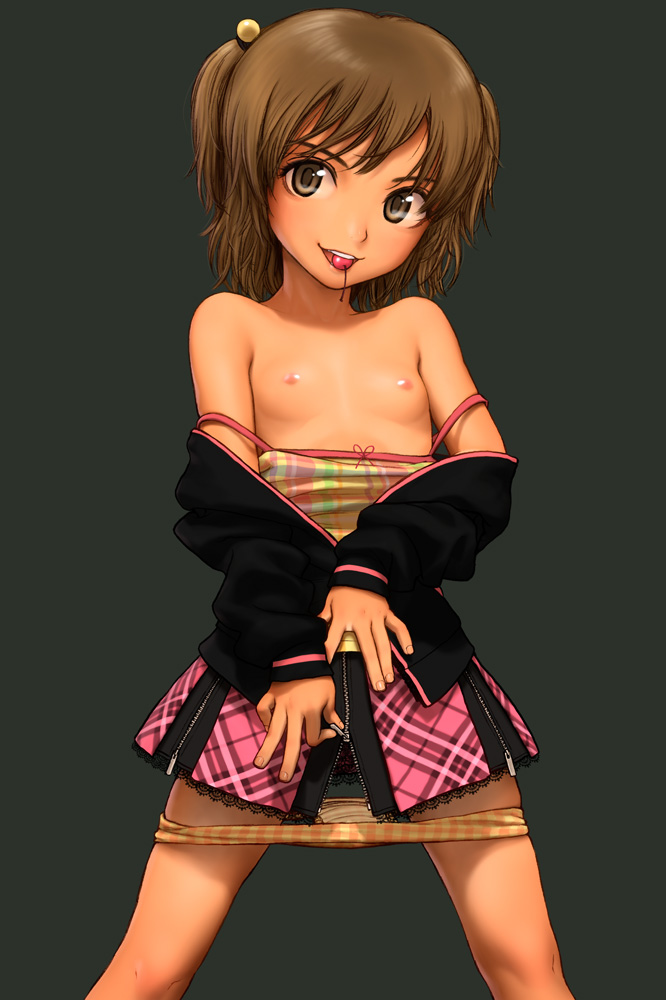 rustle, original, 1girl, brown eyes, brown hair, cherry, clothes pull, female focus, flat chest, food, fruit, hair bobbles, hair ornament, jacket, loli, mouth hold, nipples, off shoulder, panties, panty pull, plaid clothes, plaid panties, shirt pull, short hair, short twintails, solo, strap slip, tank top, twintails, two side up, underwear, undressing, yellow panties