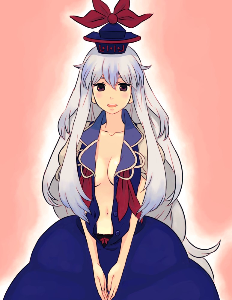 jean (jean sp), kamishirasawa keine, touhou, silver hair, 1girl, blue hair, breasts, cleavage, collarbone, female focus, hat, large breasts, long hair, no bra, open clothes, open shirt, panties, red eyes, shirt, solo, underwear, very long hair