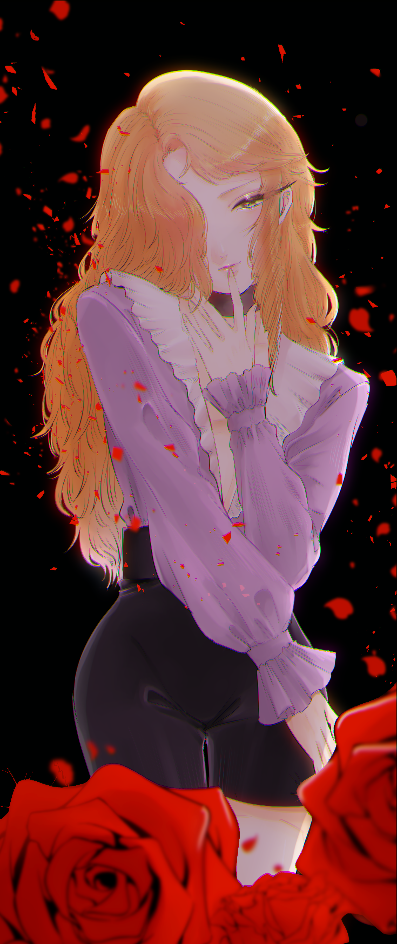 alt o ekaki, maraich juschenfe, patalliro!, absurdres, highres, 1boy, black background, black choker, blurry, blurry foreground, choker, chromatic aberration, contrast collar, cowboy shot, curly hair, curtained hair, drill hair, drill sidelocks, eyeshadow, falling petals, finger to mouth, frilled shirt collar, frilled sleeves, frills, green eyes, hand on own opposite thigh, hand up, head tilt, high-waist shorts, light blush, lips, long eyelashes, long hair, looking at viewer, makeup, male focus, narrowed eyes, orange hair, outer glow, parted lips, petals, pink eyeshadow, plunging neckline, red petals, short shorts, shorts, sidelocks, sleeves past wrists, solo, standing, straight-on, thigh gap, trap, v-neck