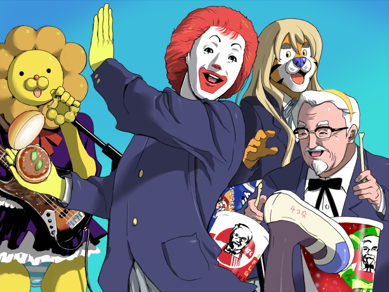 moljib, akiyama mio, colonel sanders, hirasawa yui, kotobuki tsumugi, pon de lion, ronald mcdonald, tainaka ritsu, tony the tiger, frosted flakes, k-on!, kellogg's, kfc, mcdonald's, mister donut, 4boys, akiyama mio (cosplay), bass guitar, beard, big gulp, blazer, blonde hair, bone, bow, bowtie, bucket, burger, castanets, christmas, clown, cosplay, donut, dress, drum, drum sticks, facepaint, facial hair, food, glasses, guitar, hairband, hirasawa yui (cosplay), instrument, jacket, kotobuki tsumugi (cosplay), multiple boys, panties, pickle, red hair, school uniform, shoes, skirt, string tie, striped clothes, striped panties, tainaka ritsu (cosplay), tiara, tiger, un tan, underwear, uwabaki, what, white hair