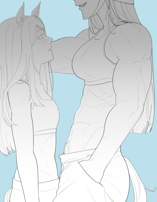 gold ship (umamusume), mejiro mcqueen (umamusume), 2girls, alternate muscle size, animal ears, bow, ear ribbon, female pubic hair, hand in pocket, height difference, horse ears, horse girl, horse tail, kabedon, long hair, looking at breasts, multiple girls, muscular, muscular female, partially colored, pubic hair, simple background, smile, staring, tail, vennyyyy draws, yuri