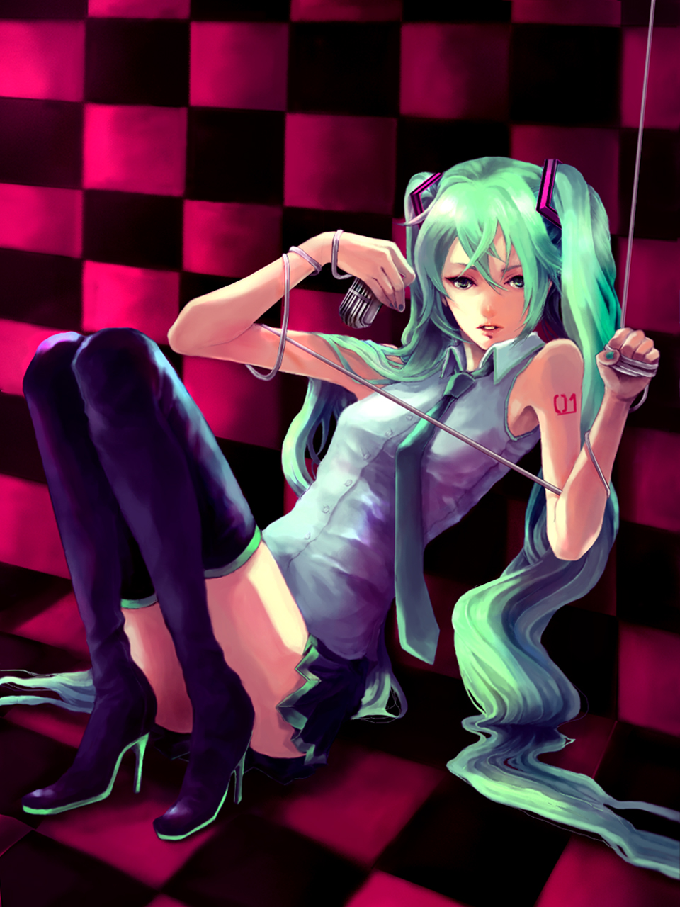 10mo4, hatsune miku, vocaloid, highres, 1girl, aqua eyes, aqua hair, checkered floor, female focus, long hair, microphone, necktie, perspective, sitting, skirt, solo, thighhighs, twintails, very long hair, zettai ryouiki