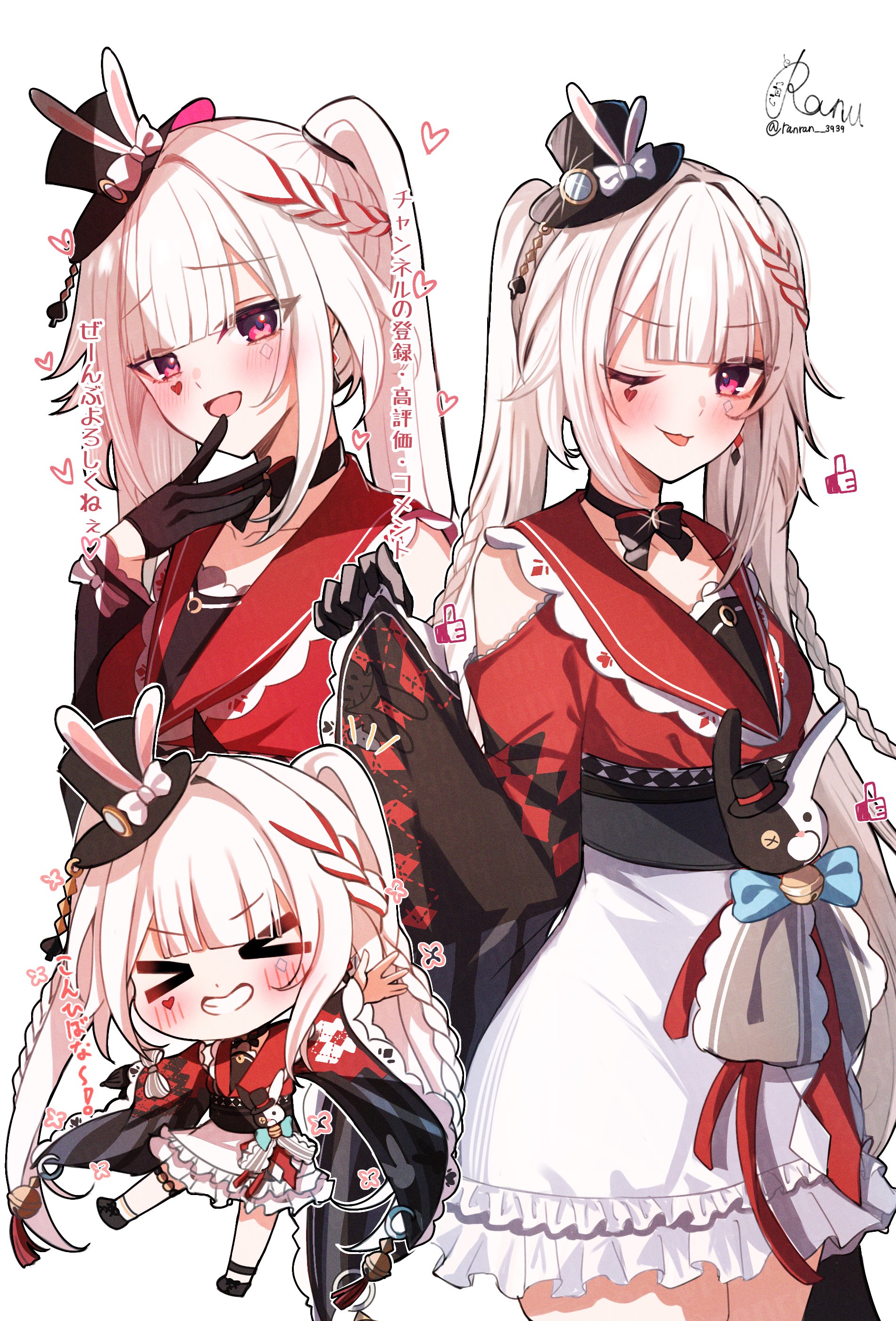 ranran 3939, sparkle (honkai: star rail), sparxie (honkai: star rail), honkai: star rail, honkai (series), absurdres, commentary request, highres, 1girl, animal ears, artist name, bell, bow, braid, chibi, choker, clothing cutout, cowboy shot, diamond (shape), diamond facial mark, dress, facial mark, frills, gloves, hat, hat ornament, heart, heart facial mark, long sleeves, monocle, multiple expressions, rabbit ears, red eyes, red streaks, shoulder cutout, side braid, single glove, twintails, white background, white hair