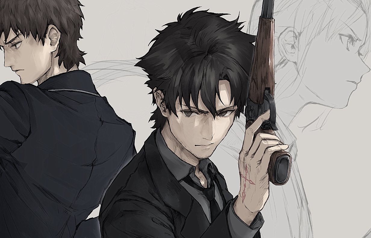 kouzuki kei, artoria pendragon (fate), emiya kiritsugu, kotomine kirei, saber (fate), fate/zero, fate (series), 1girl, 2boys, black eyes, black hair, command spell, formal clothes, gun, handgun, holding, holding gun, holding weapon, multiple boys, necktie, ponytail, sketch, suit, thompson/center contender, weapon