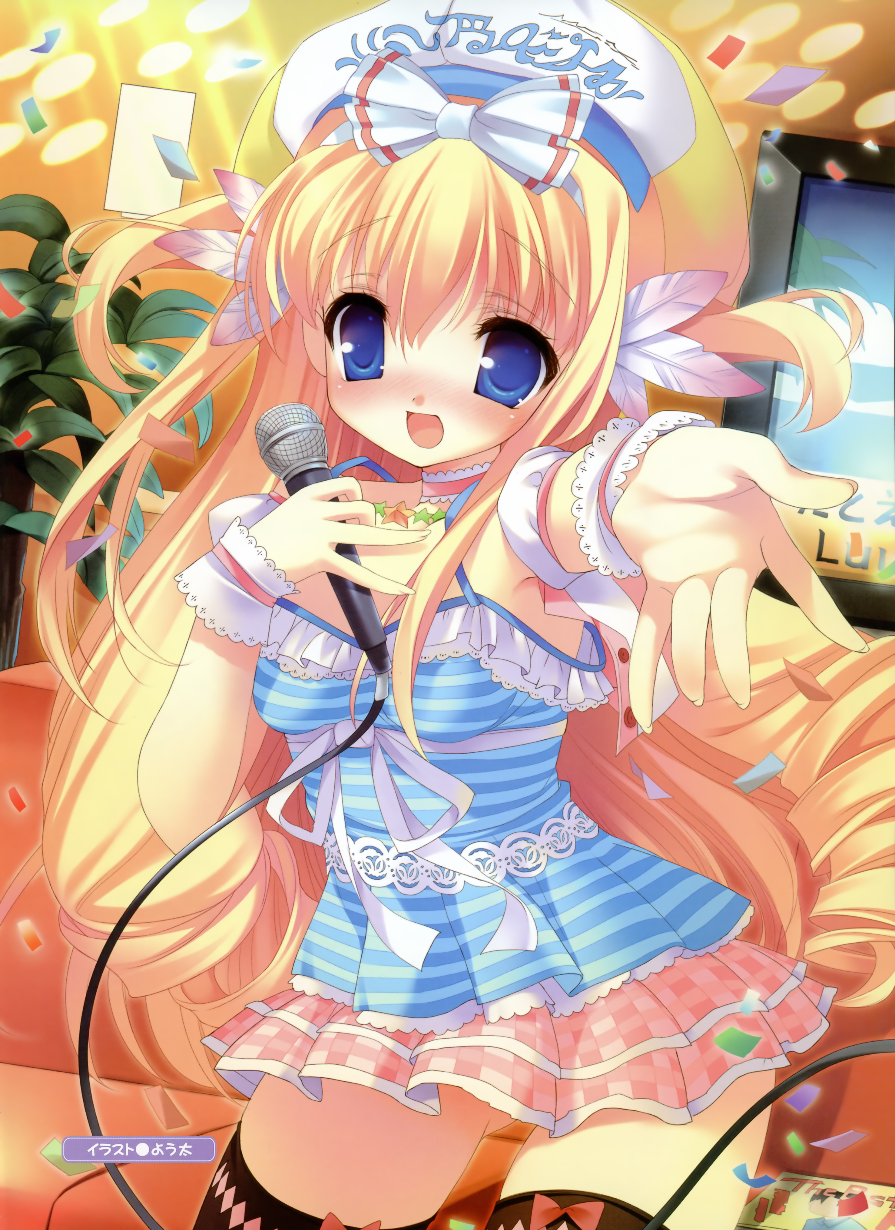 youta, amane mimi, original, striped, absurdres, highres, 1girl, blonde hair, blue eyes, blush, drill hair, female focus, hat, long hair, microphone, open mouth, smile, solo, thighhighs, zettai ryouiki